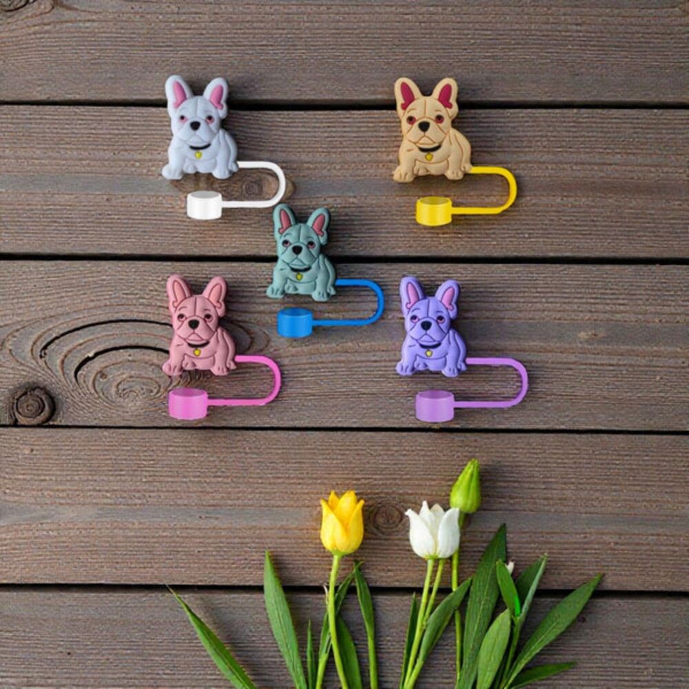 French Bulldog Straw Covers – Set of 4 – Cute and Functional Black and Pastel